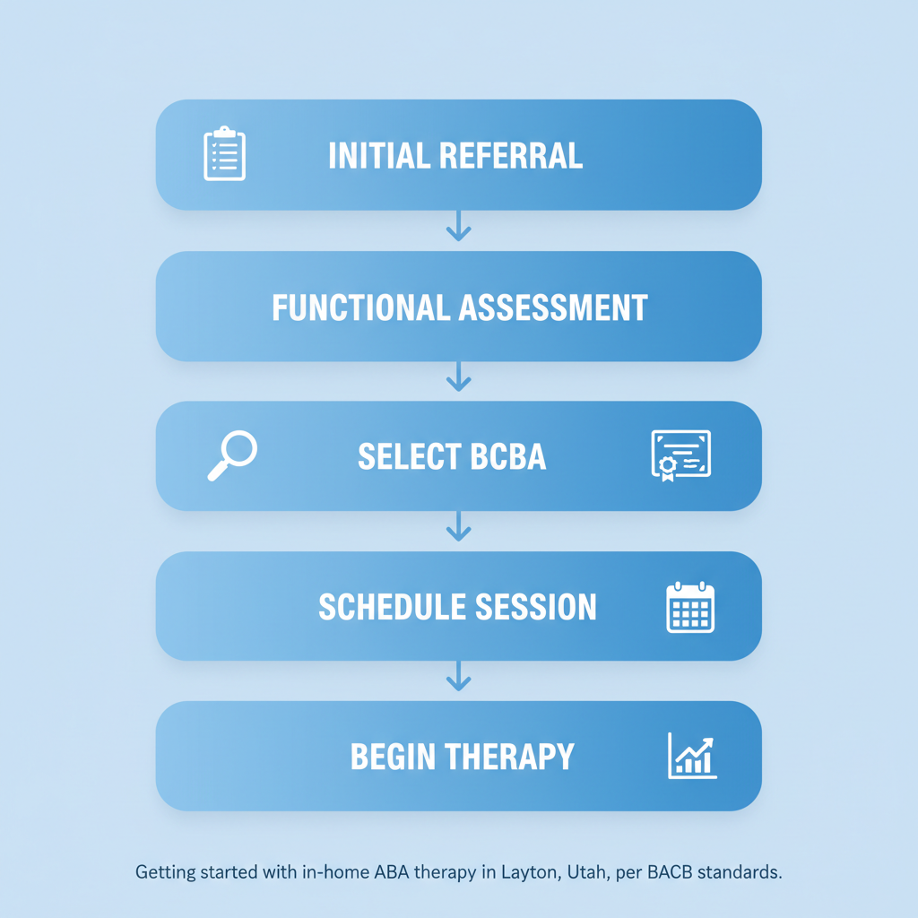 Vertical process flow diagram illustrating the five key steps to start ABA therapy in Layton, Utah