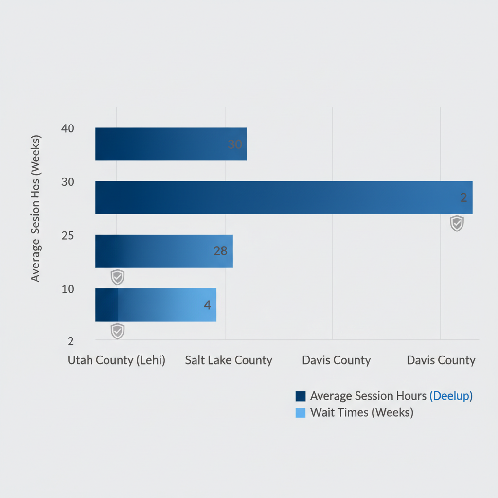 Horizontal bar chart comparing ABA therapy session hours and wait times in Utah counties with insurance icons