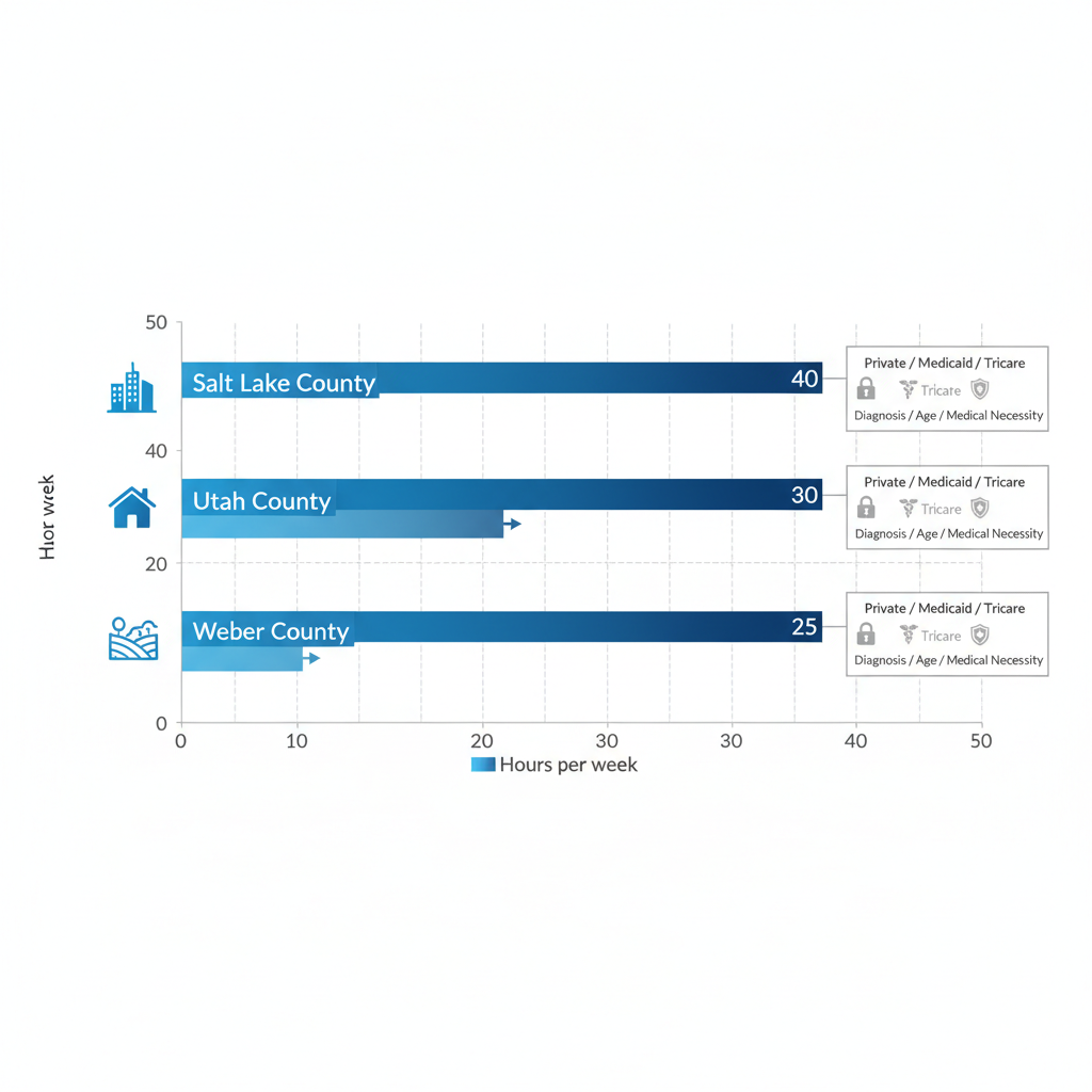 Horizontal bar chart illustrating ABA therapy hour limits by Utah counties with insurer icons