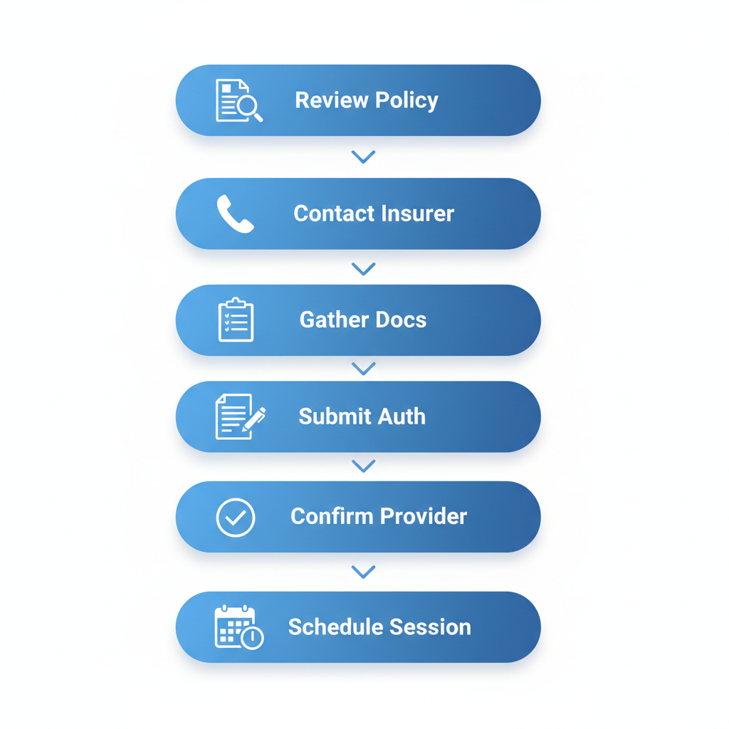 Vertical process flow illustrating six steps to verify and secure ABA therapy insurance in Utah with icons and brief labels.