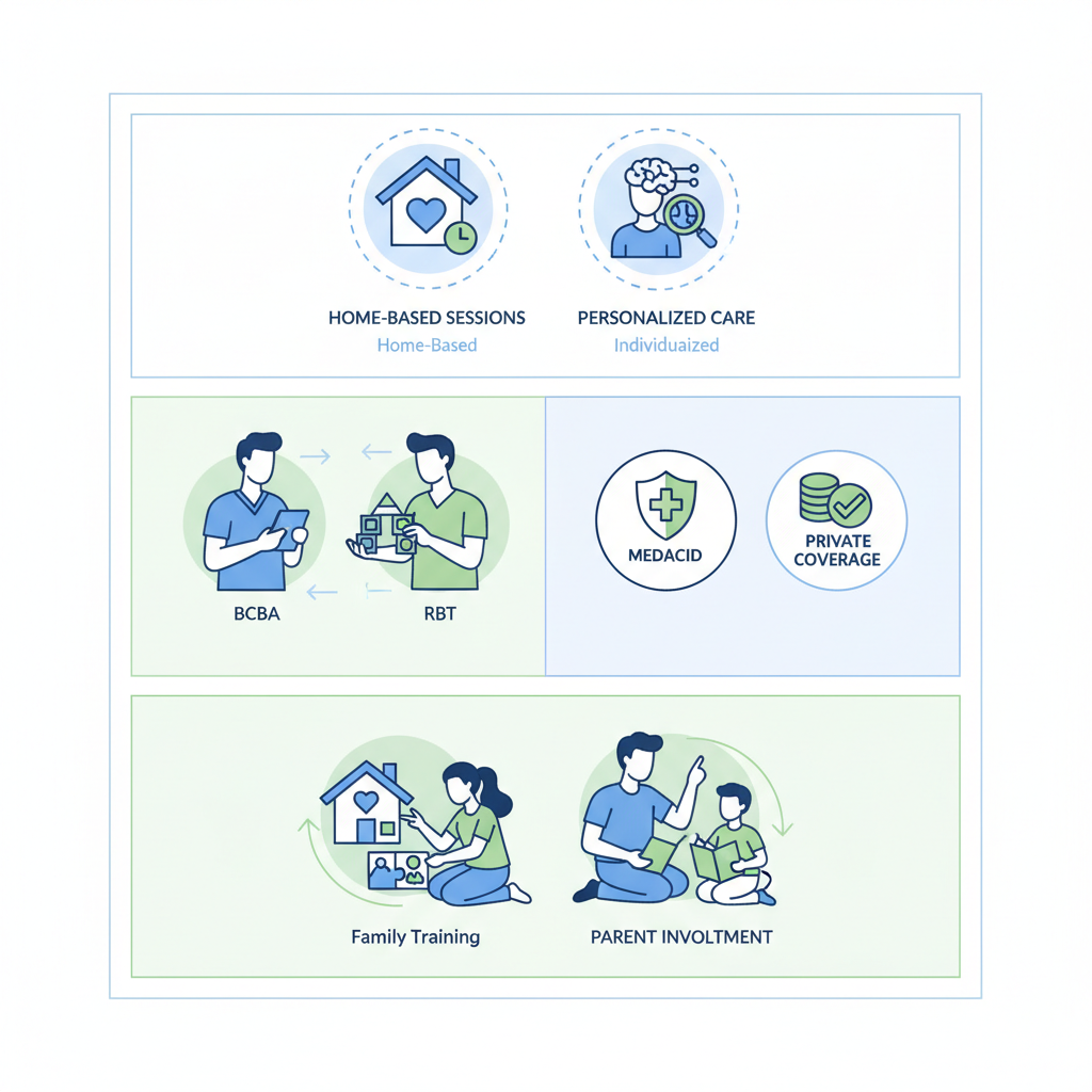 Infographic depicting key aspects of ABA therapy services including delivery, team, insurance, and family training in Lehi area