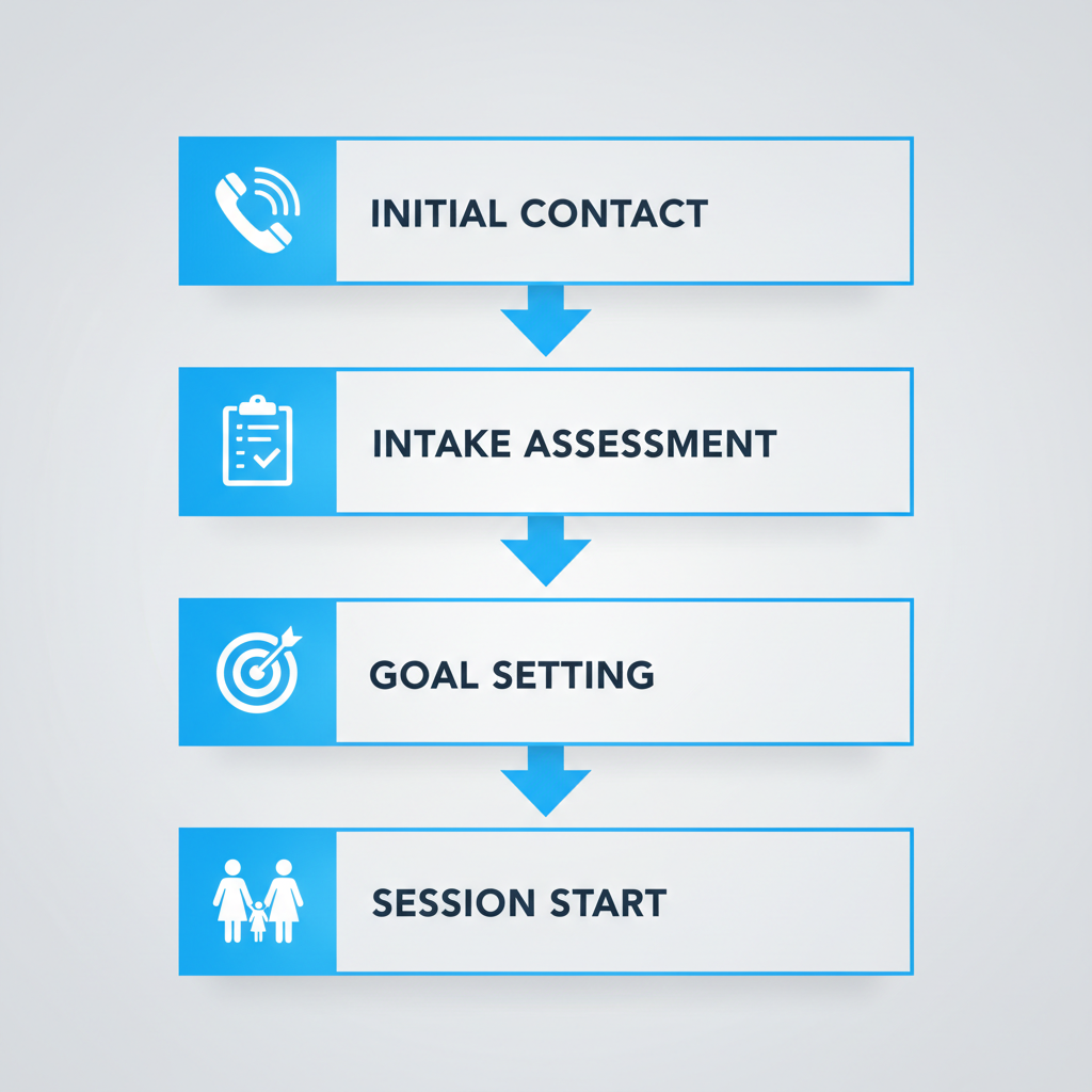 Vertical process flow illustrating four stages to start in-home ABA therapy in Lehi: initial contact, intake and assessment, goal setting with BCBA, and parental involvement and session start.