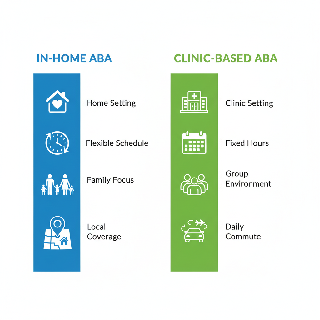 Infographic comparing in-home and clinic-based ABA therapy options in South Jordan, Utah