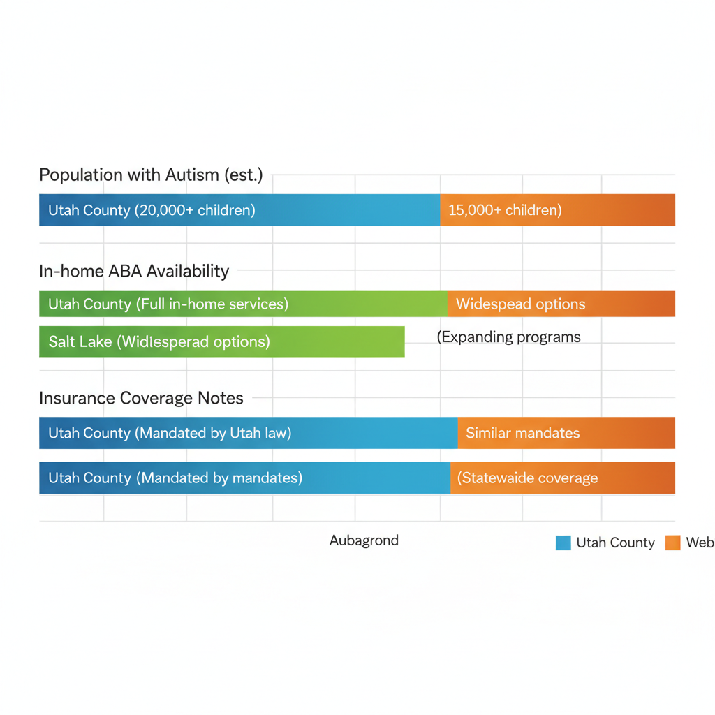 Horizontal bar chart comparing estimated autism population, in-home ABA availability, and insurance coverage in Utah, Salt Lake, and Weber counties.