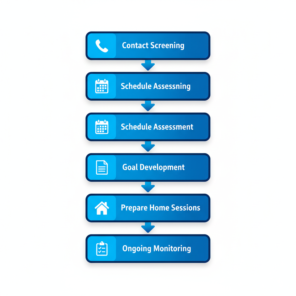 Vertical process flow diagram showing five steps to start in-home ABA therapy in Provo, Utah