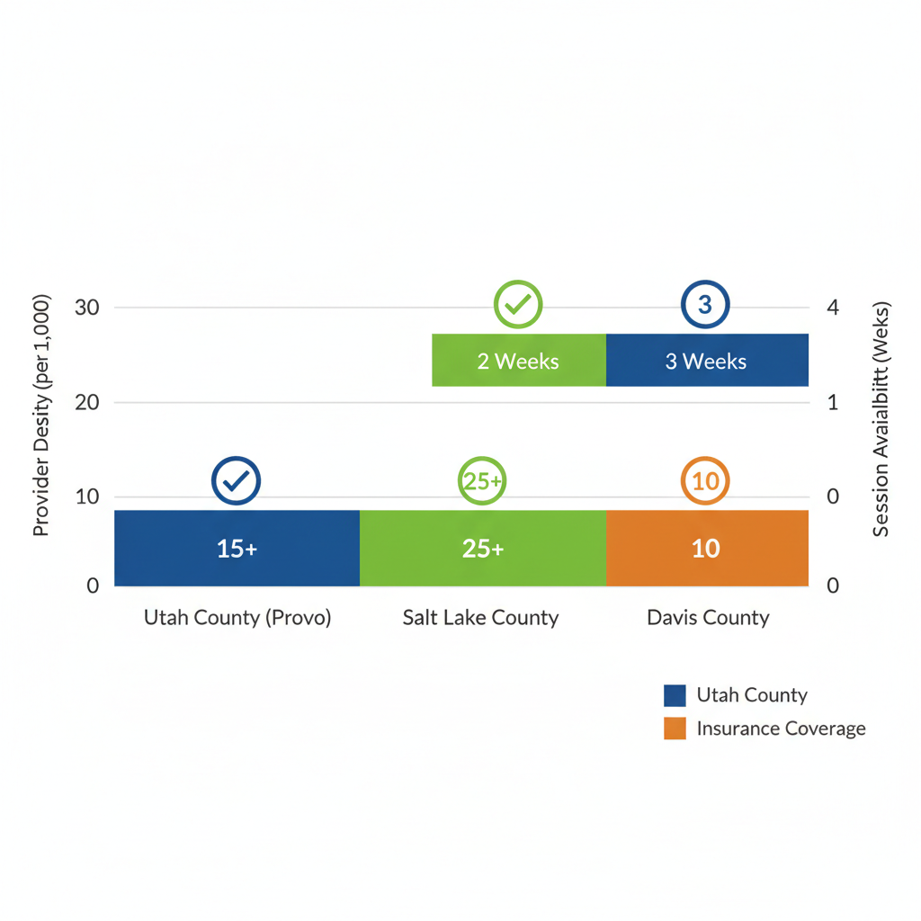 Horizontal bar chart comparing ABA therapy provider density and session availability across Utah counties including Provo area