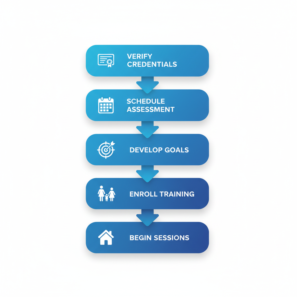 Vertical process flow diagram illustrating steps to start ABA therapy in Provo with icons for each stage