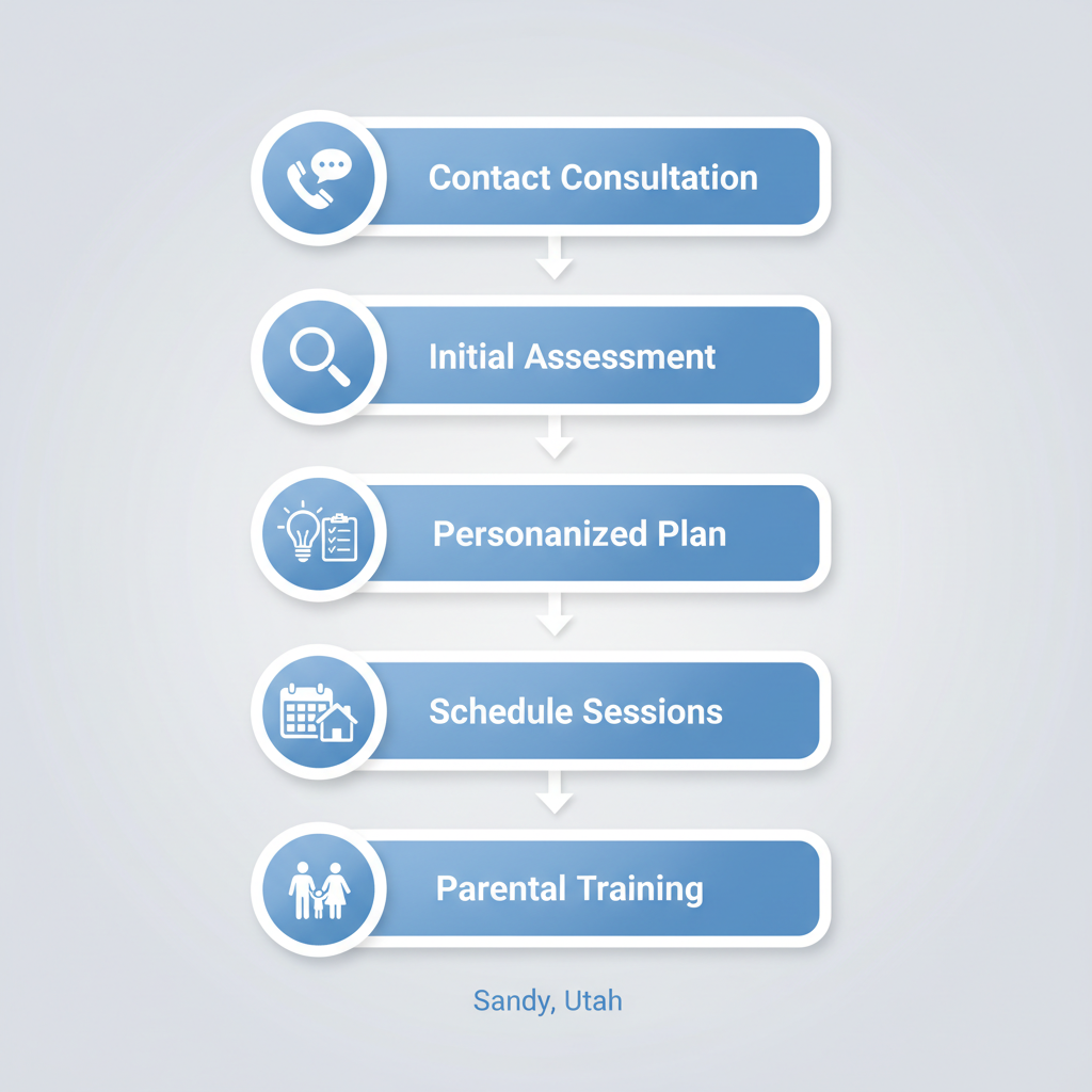 Vertical process flow diagram illustrating five steps to start ABA therapy in Sandy, Utah, with icons for each stage.