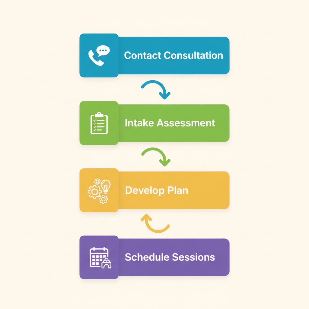 Vertical process flow diagram illustrating four steps to start in-home ABA therapy: contact consultation, intake assessment, develop plan, and schedule sessions.