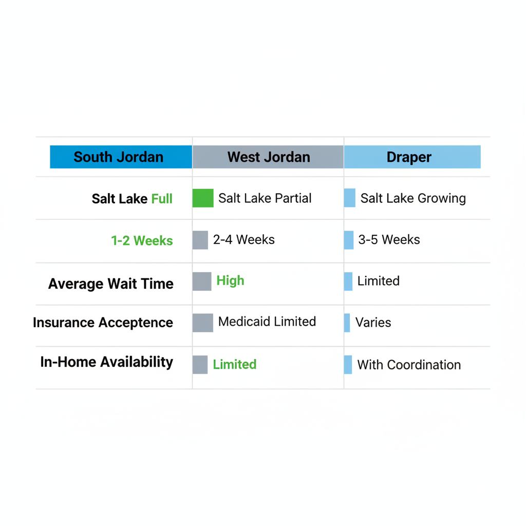 Bar chart comparing ABA therapy access in South Jordan, West Jordan, and Draper, highlighting advantages in coverage, wait times, insurance, and in-home availability.