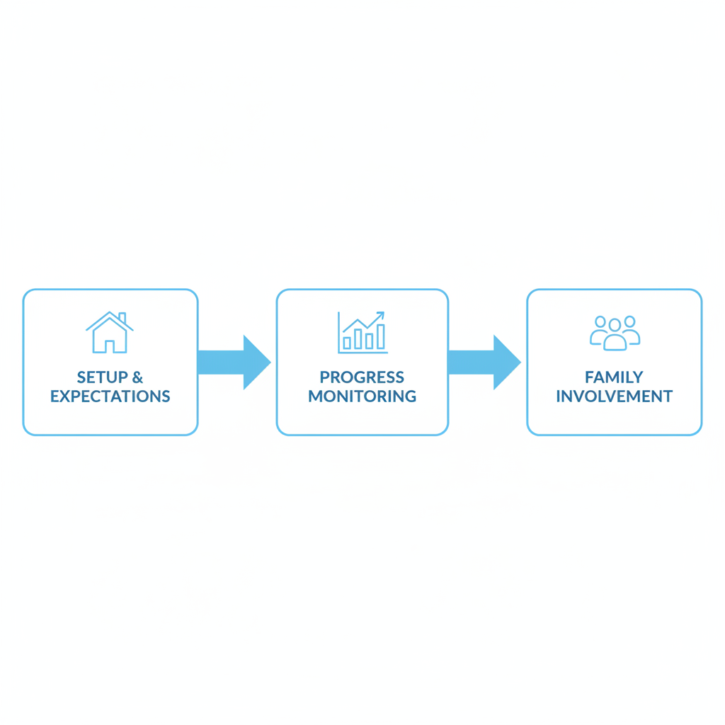 Horizontal process flow diagram showing key stages of in-home ABA therapy in Orem: setup, monitoring, and parental training.