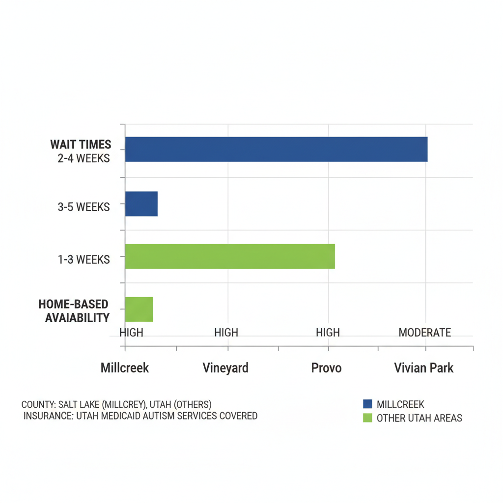 Horizontal bar chart comparing ABA therapy wait times and home-based availability in Millcreek versus Vineyard, Provo, and Vivian Park, Utah, highlighting county coverage and insurance support.