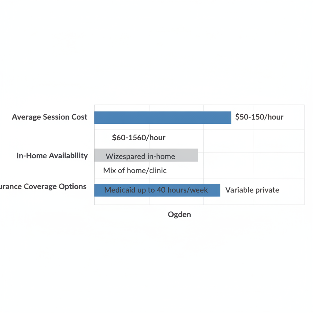 Horizontal bar chart comparing ABA therapy session costs, in-home availability, and insurance options in Orem and Ogden, Utah.