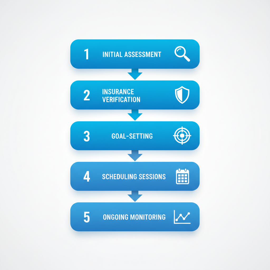 Vertical process flow diagram showing five steps to start ABA therapy: initial assessment, insurance verification, goal-setting, scheduling sessions, and ongoing monitoring.