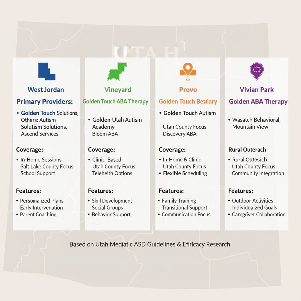 Infographic comparing ABA therapy providers, coverage, and features in West Jordan, Vineyard, Provo, and Vivian Park areas.