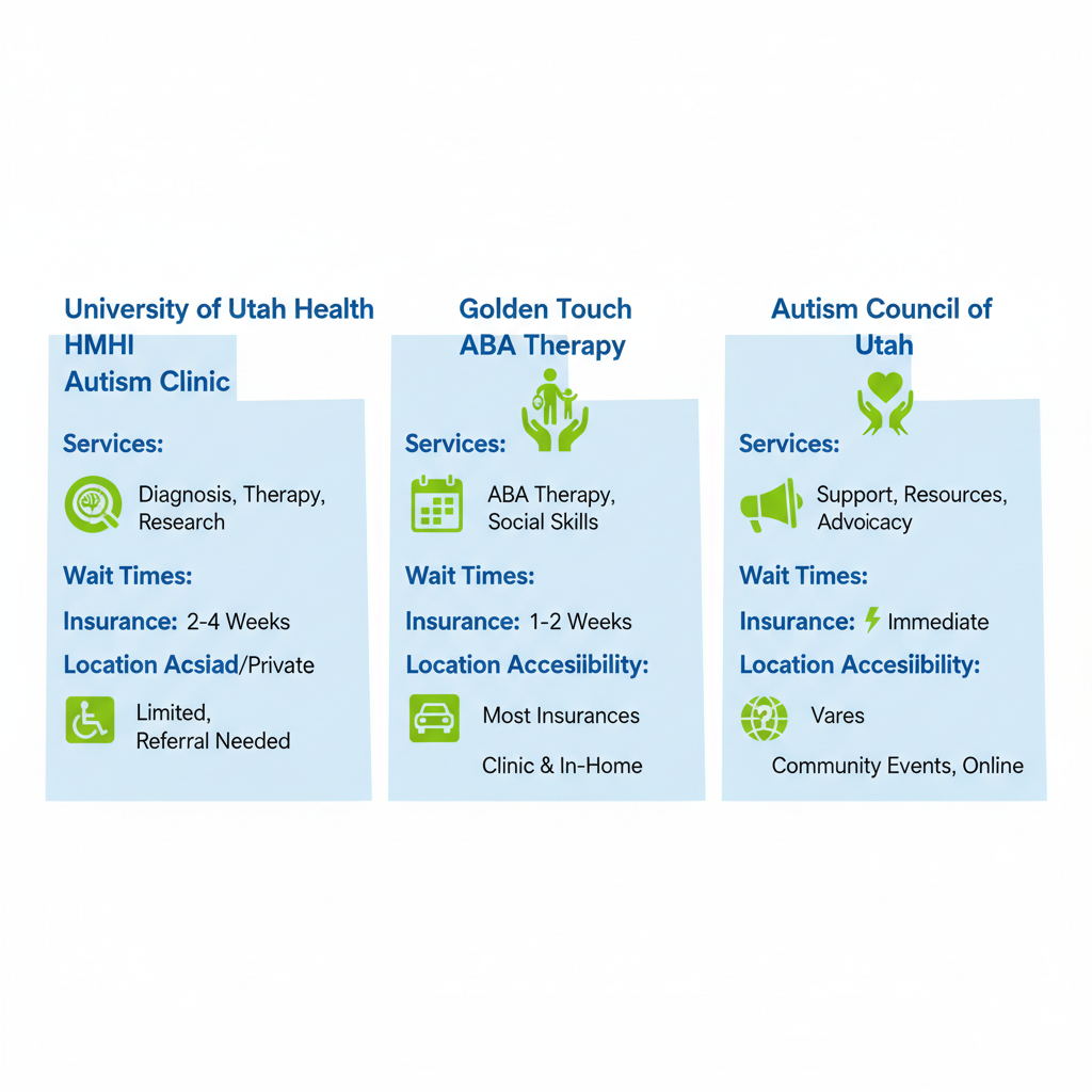 Infographic comparing autism service providers in West Valley City: clinics, therapy, and council with service icons, wait times, insurance, and accessibility.