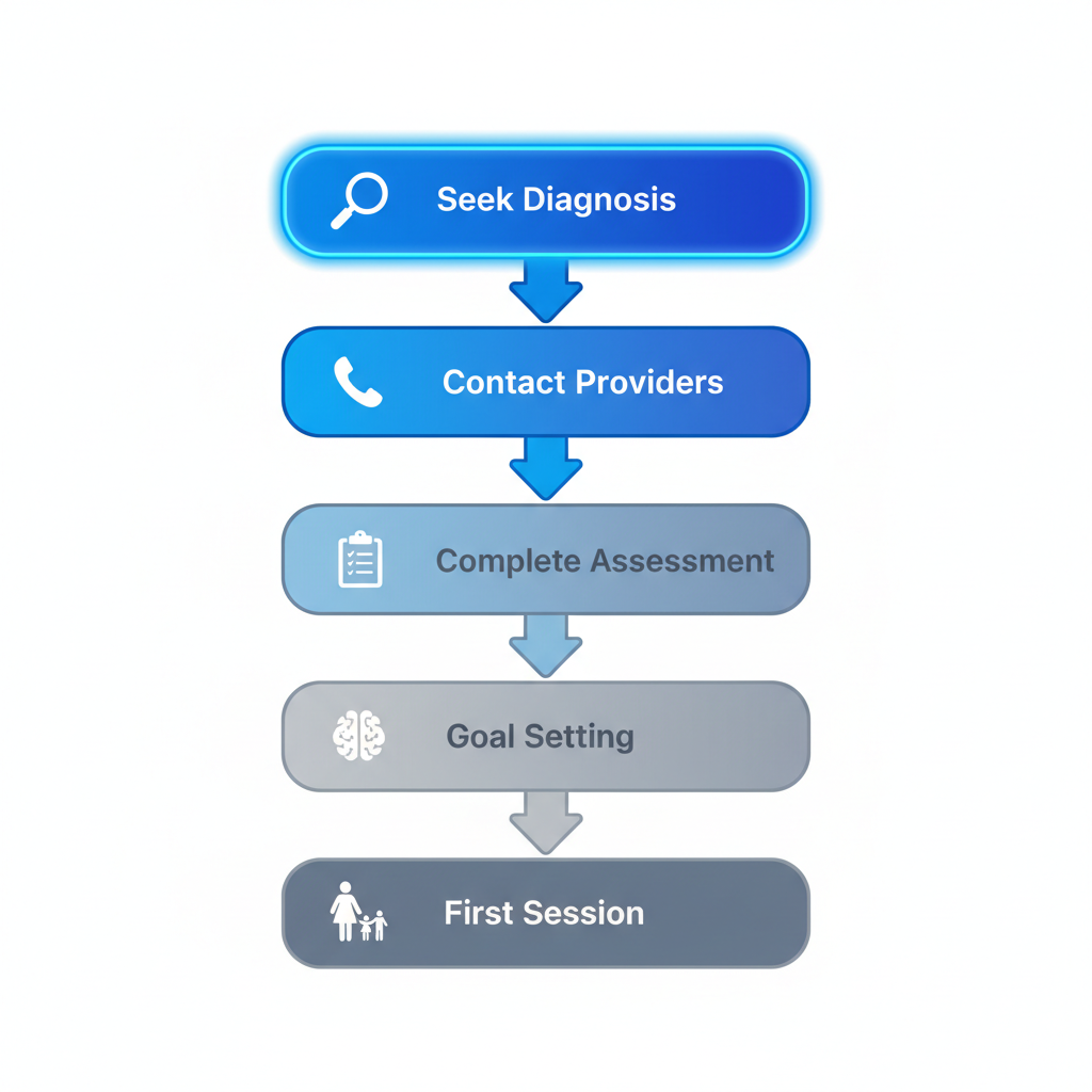 Vertical process flow illustrating five steps to start in-home ABA therapy: seeking diagnosis, contacting providers, completing assessment, setting goals, and beginning sessions with parental training.