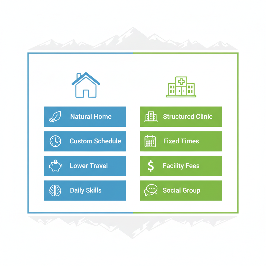 Infographic comparing in-home and center-based ABA therapy in West Valley City, side-by-side columns highlighting environment, flexibility, cost, and effectiveness with icons.
