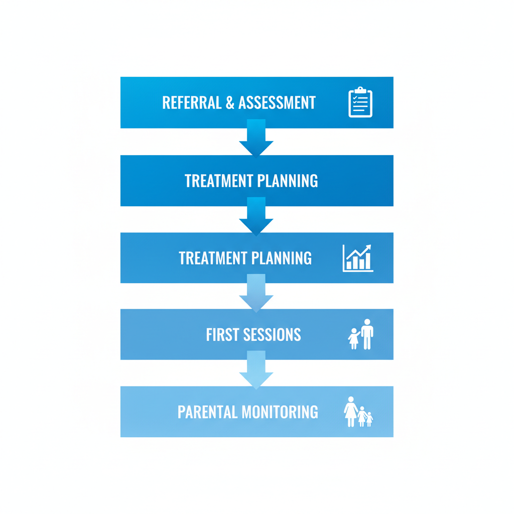 Vertical process flow illustrating four steps to begin ABA therapy: referral, planning, initial sessions, and family monitoring with icons.