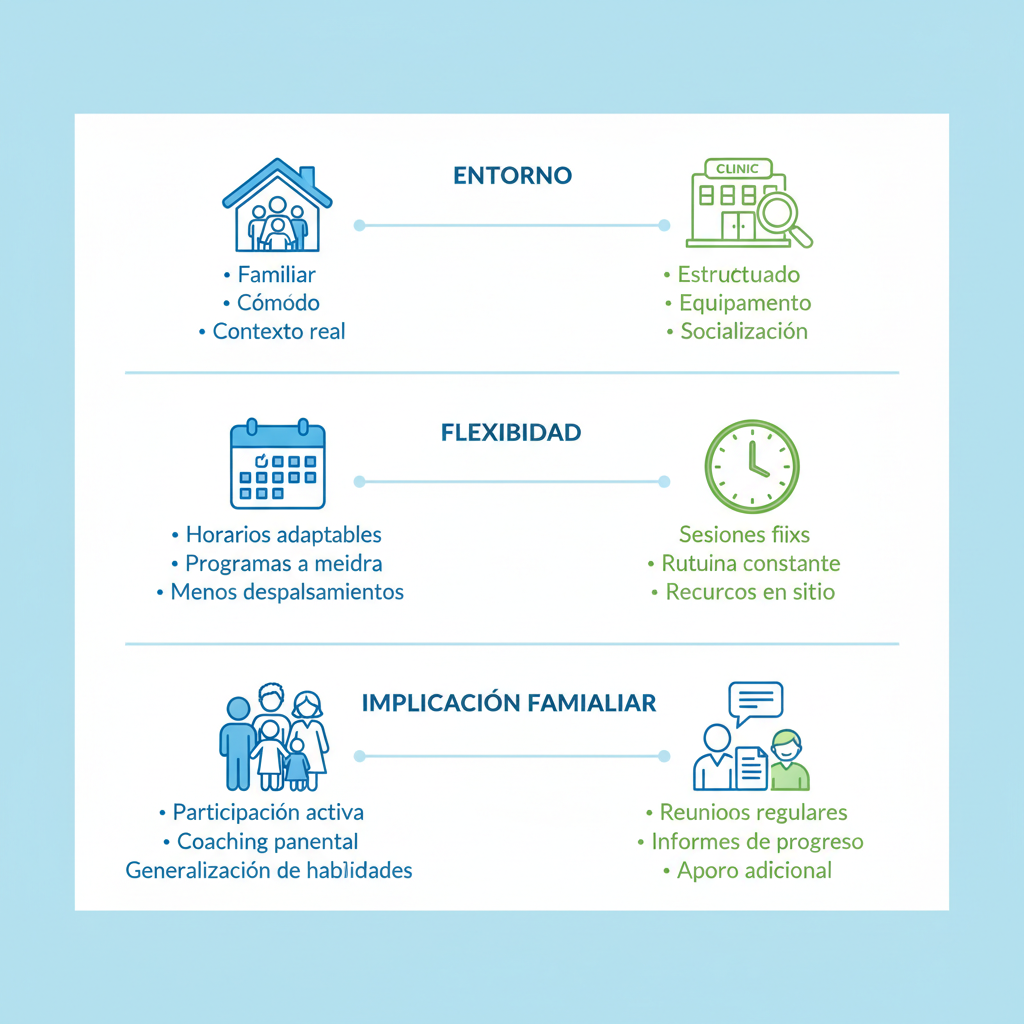 Infographic comparing in-home and clinic-based ABA therapy models in Spanish Fork, Utah, focusing on environment, flexibility, and family involvement with icons and descriptions.