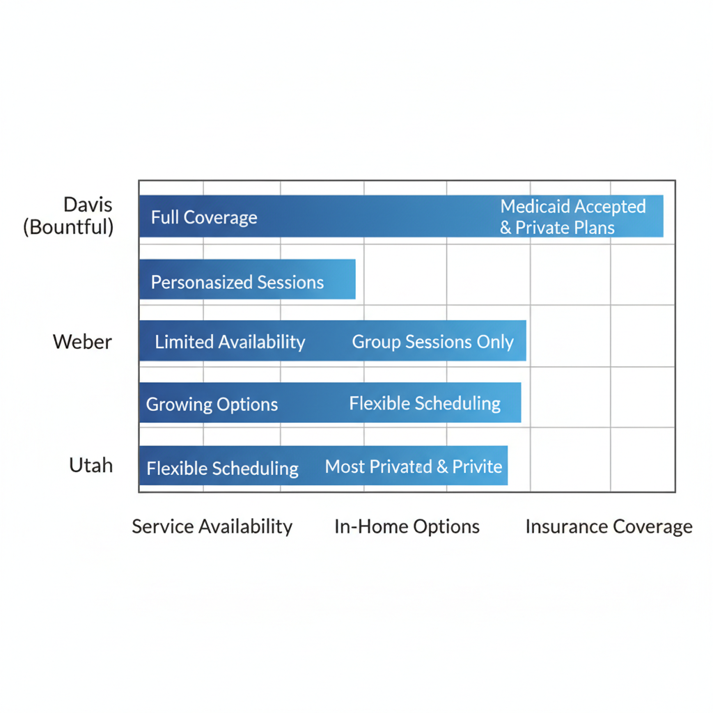 Horizontal bar chart comparing ABA therapy coverage across Davis, Weber, and Utah Counties, showing service availability, in-home options, and insurance coverage.
