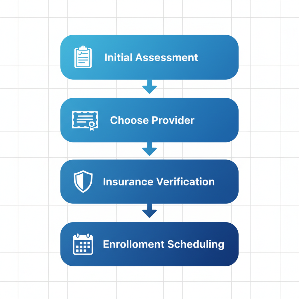 Vertical process flow diagram illustrating four steps to start in-home ABA therapy in Bountiful with icons and labels.