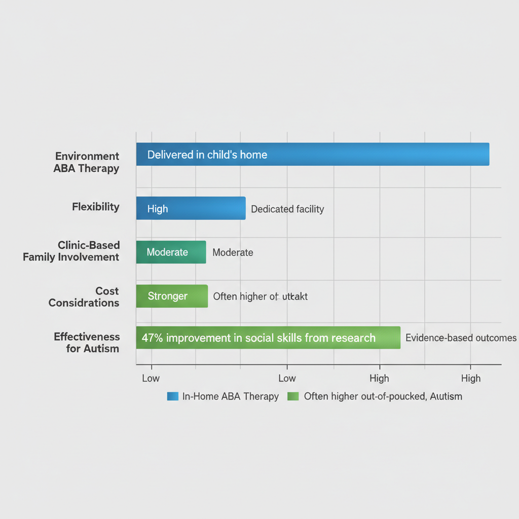 Horizontal bar chart comparing in-home and clinic-based ABA therapy aspects like environment, flexibility, and effectiveness.