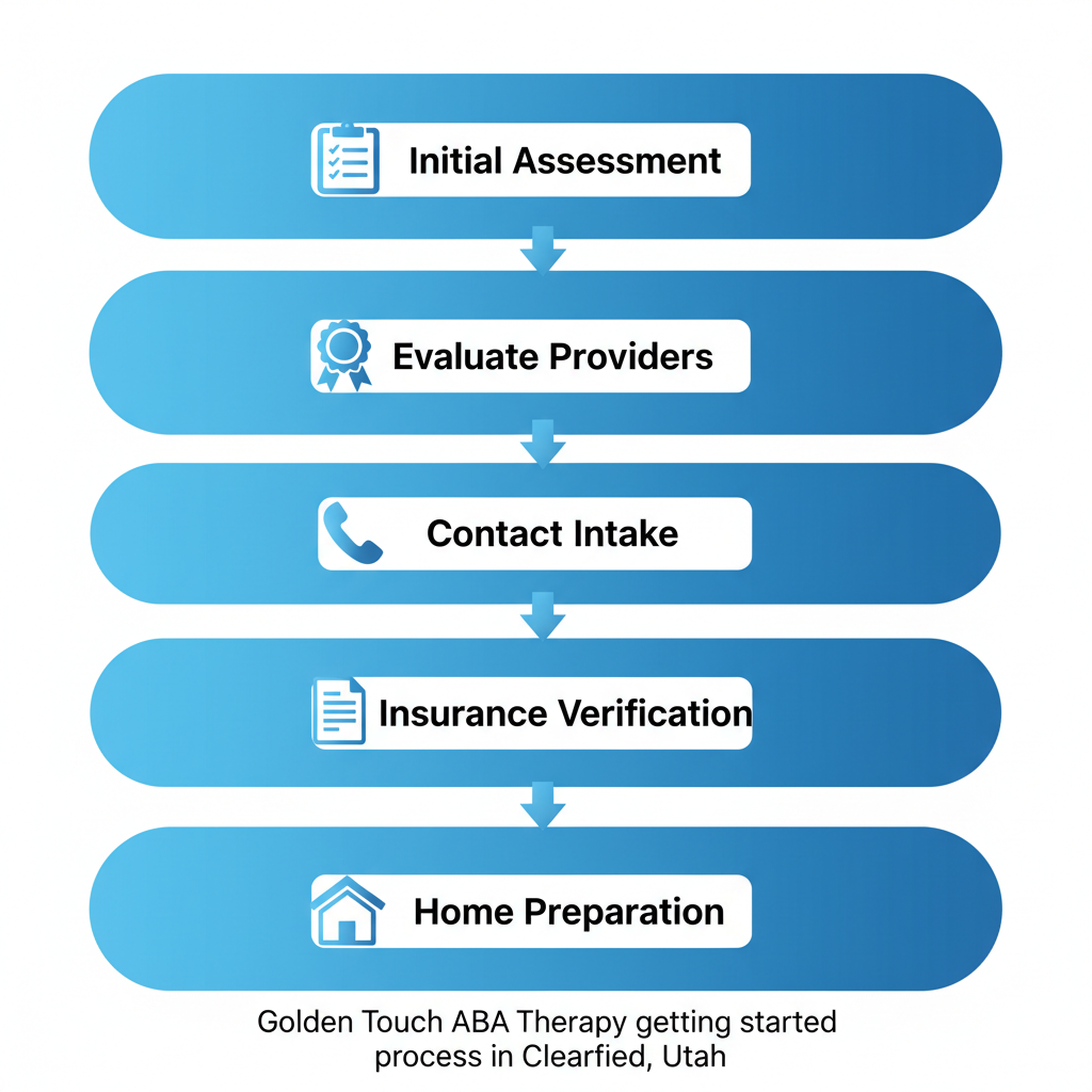 Vertical process flow diagram showing five steps to start ABA therapy in Clearfield Utah with icons for assessment providers contact insurance and home preparation