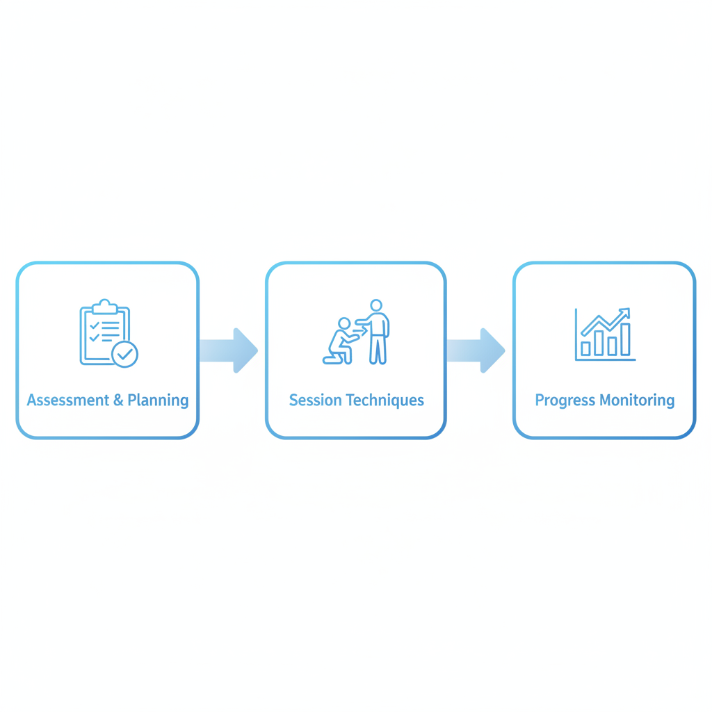 Horizontal process flow illustrating three stages of in-home ABA therapy: assessment and planning, session structure and techniques, progress monitoring and adjustments.
