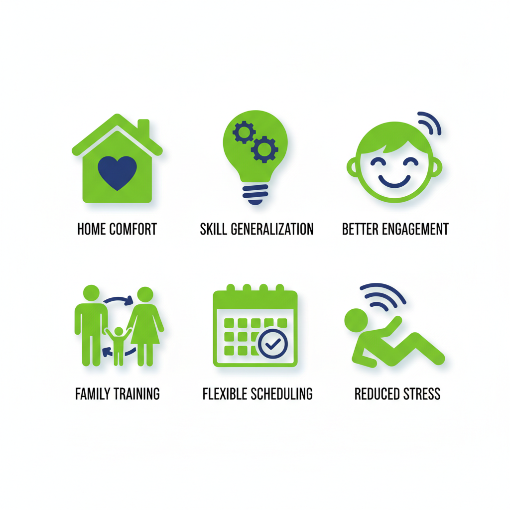 Grid of icons depicting key benefits of in-home ABA therapy: home comfort, skill generalization, better engagement, family training, flexible scheduling, and reduced stress.