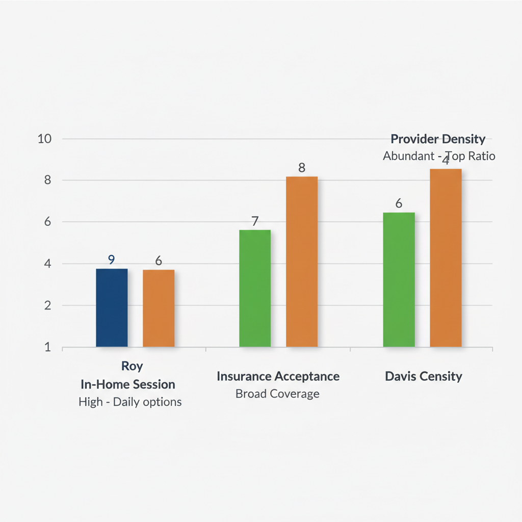 Grouped bar chart comparing ABA therapy aspects across Roy, Weber County, and Davis County on a 1-10 scale