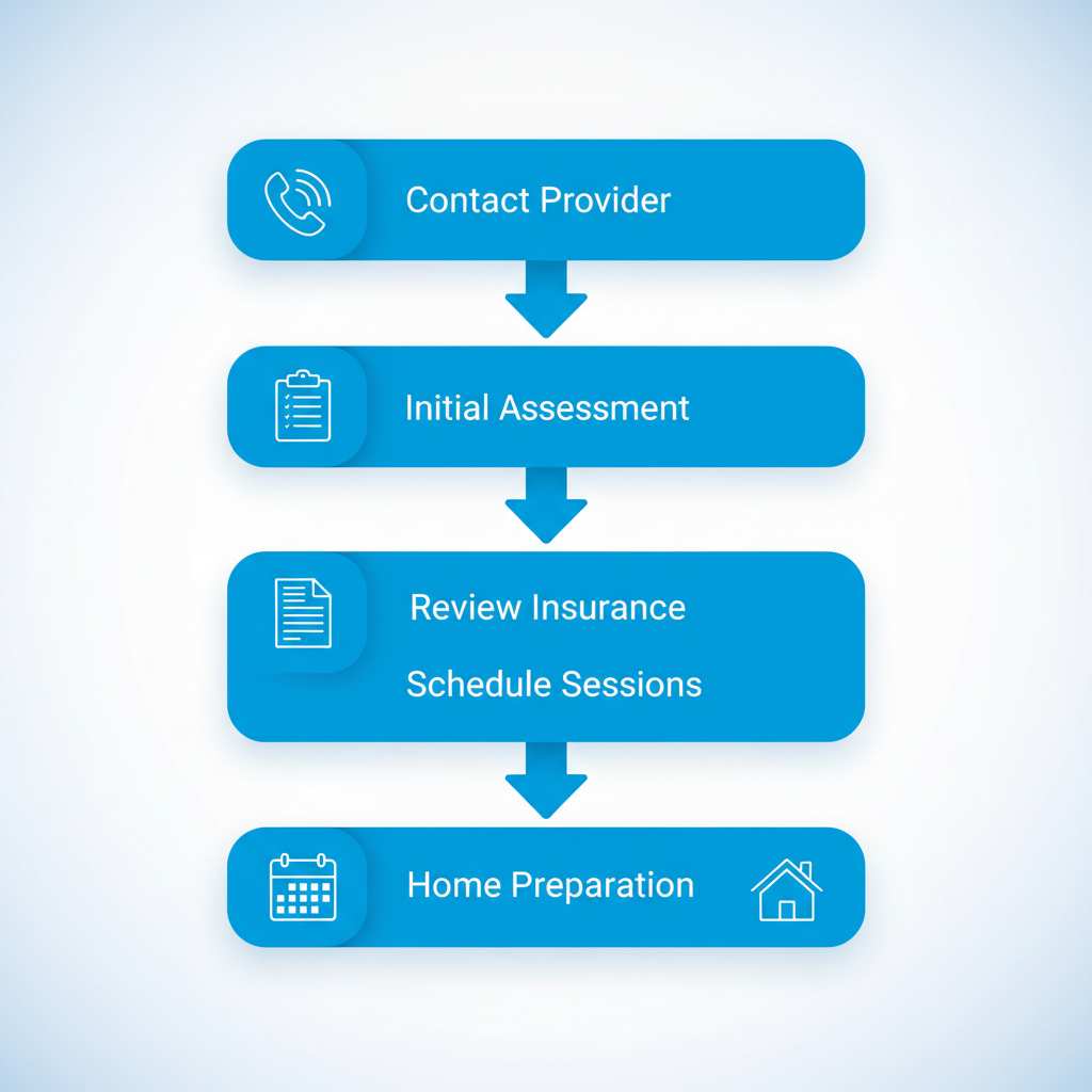 Vertical process flow diagram illustrating the five key steps to initiate ABA therapy in Roy, Utah, with icons and brief labels for accessibility.