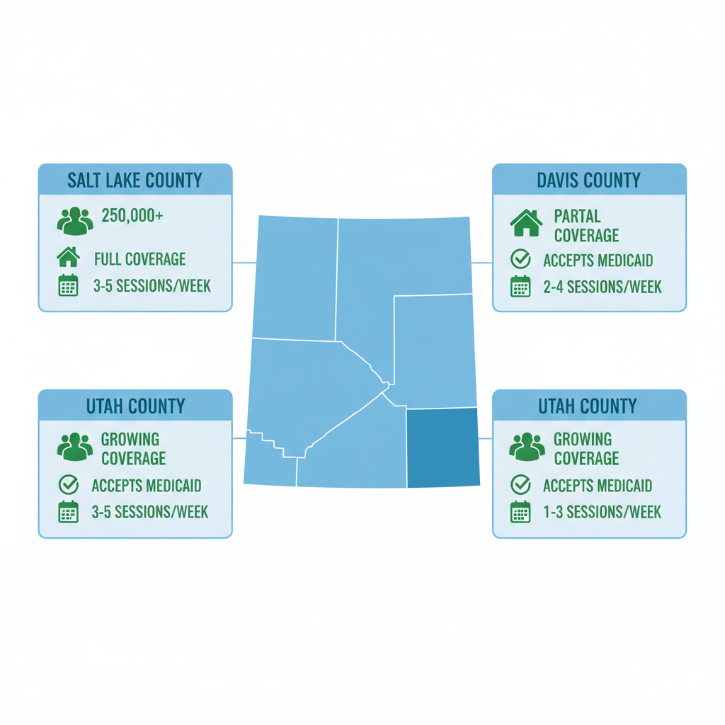 Infographic depicting ABA therapy coverage in Utah counties Salt Lake, Davis, and Utah with map and data icons