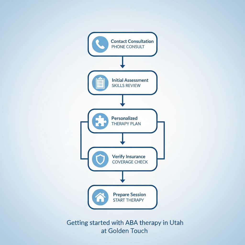Vertical process flow diagram illustrating the five key steps to start ABA therapy in Utah with Golden Touch ABA Therapy.