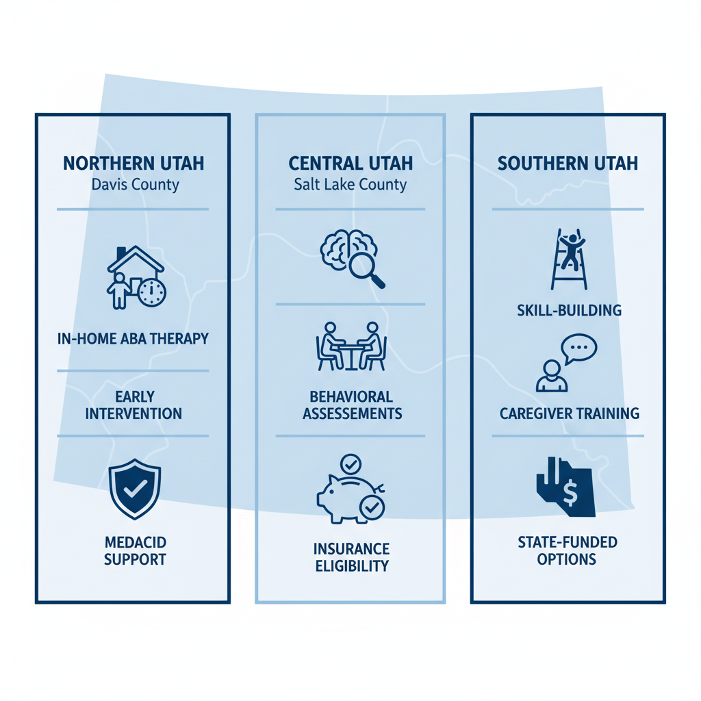 Infographic comparing autism therapy services in Northern, Central, and Southern Utah regions with icons and minimal labels
