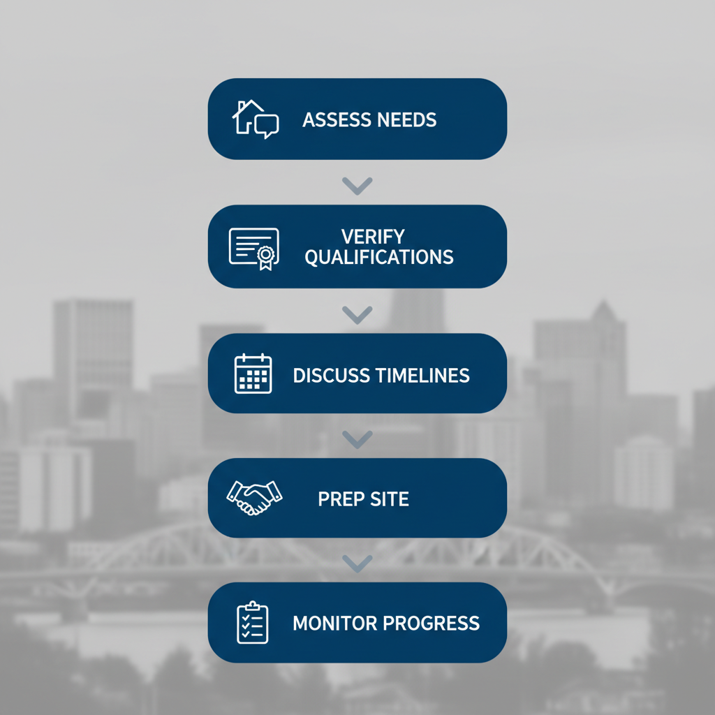 Vertical process flow diagram illustrating the five steps to hire a painting contractor in Portland, featuring icons and brief labels.