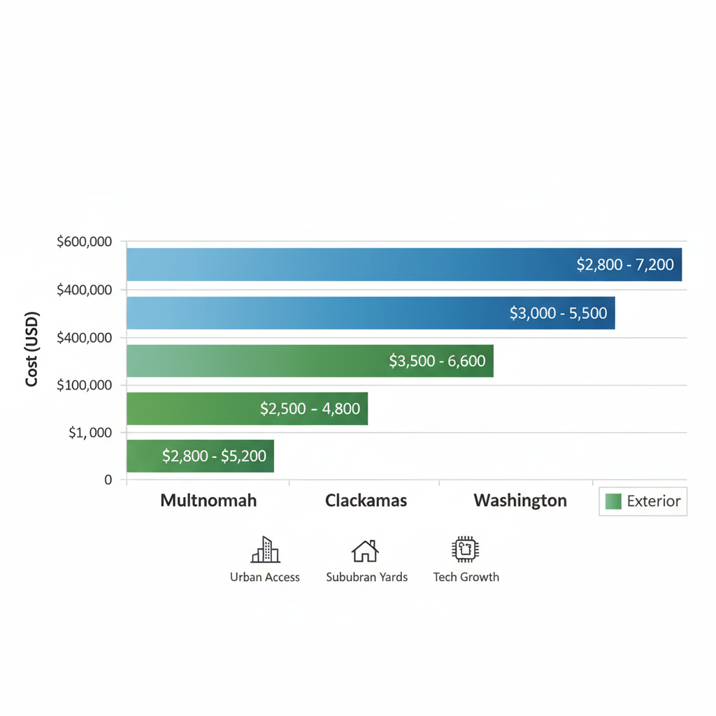 Horizontal bar chart comparing interior and exterior painting costs across Multnomah, Clackamas, and Washington counties in the Portland area.