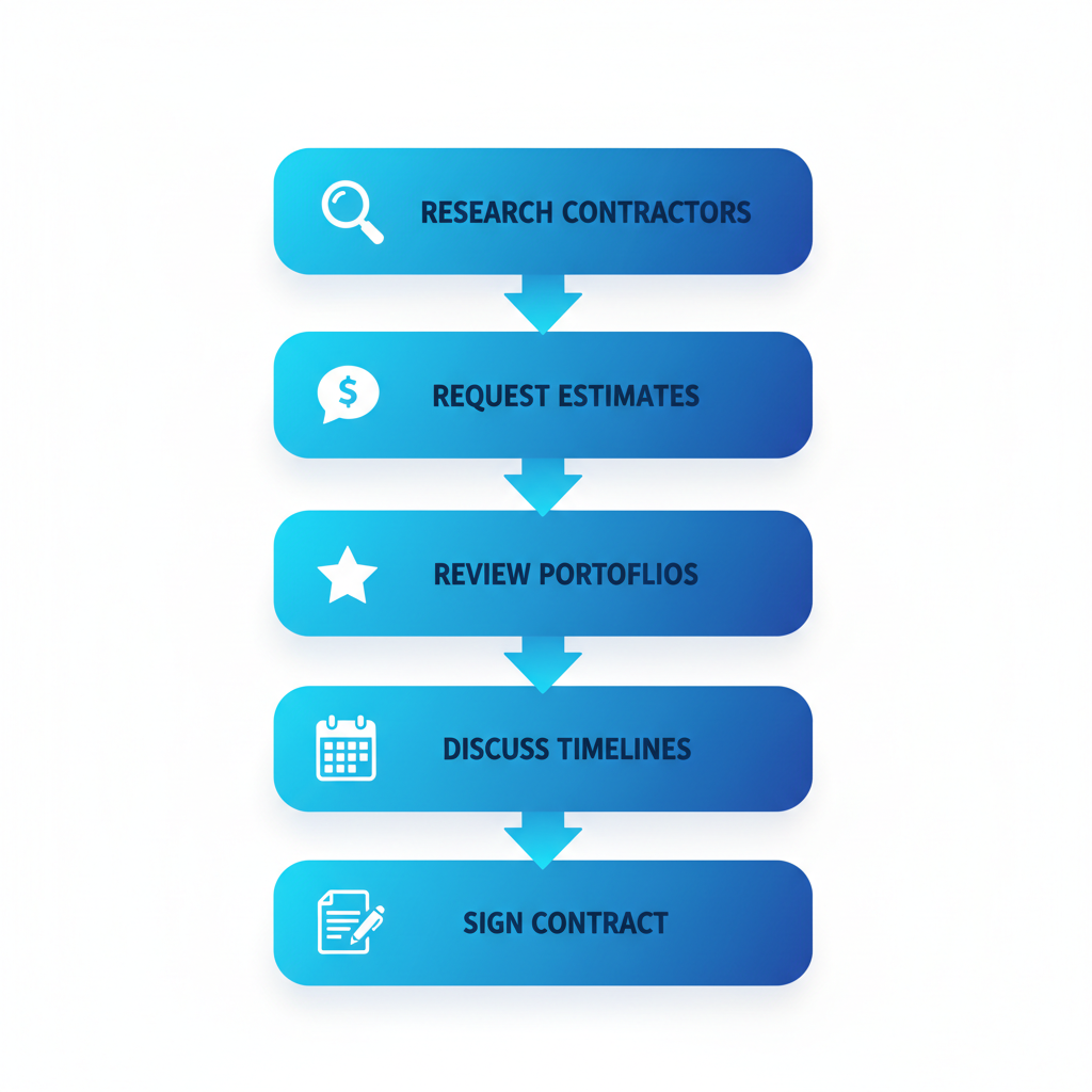 Vertical process flow diagram showing five steps to hire painters in Portland, including research, estimates, reviews, discussions, and contract signing.