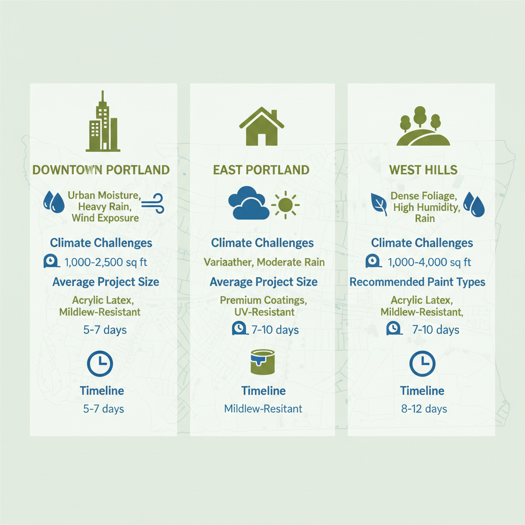 Infographic comparing exterior painting services in Portland neighborhoods including climate challenges project sizes paint types and timelines.