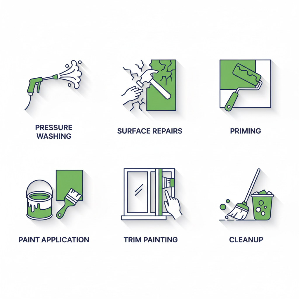 Grid of six flat modern icons depicting exterior painting process: pressure washing, surface repairs, priming, application, trim work, and cleanup.