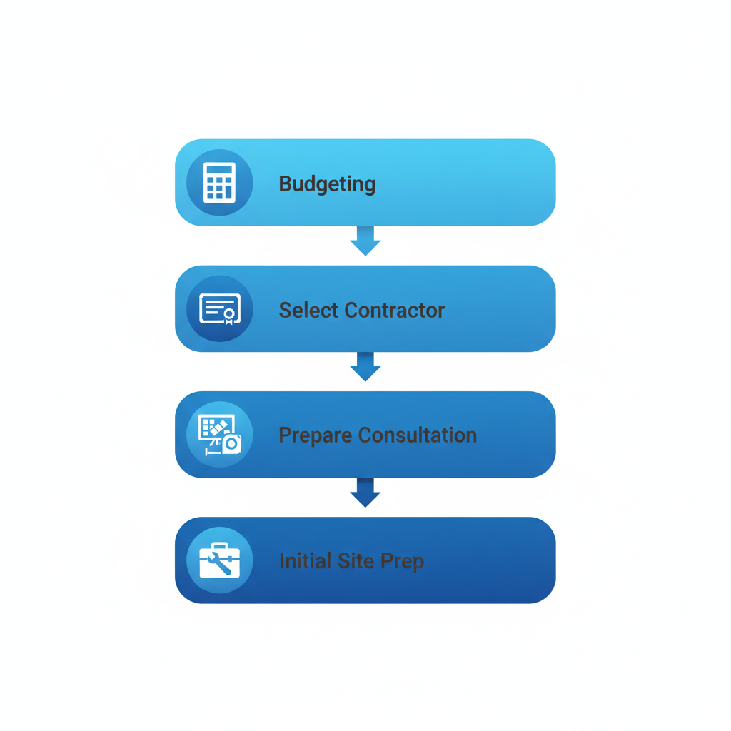 Vertical process flow diagram illustrating four key steps for starting a bathroom renovation in Portland, featuring icons and minimal labels.