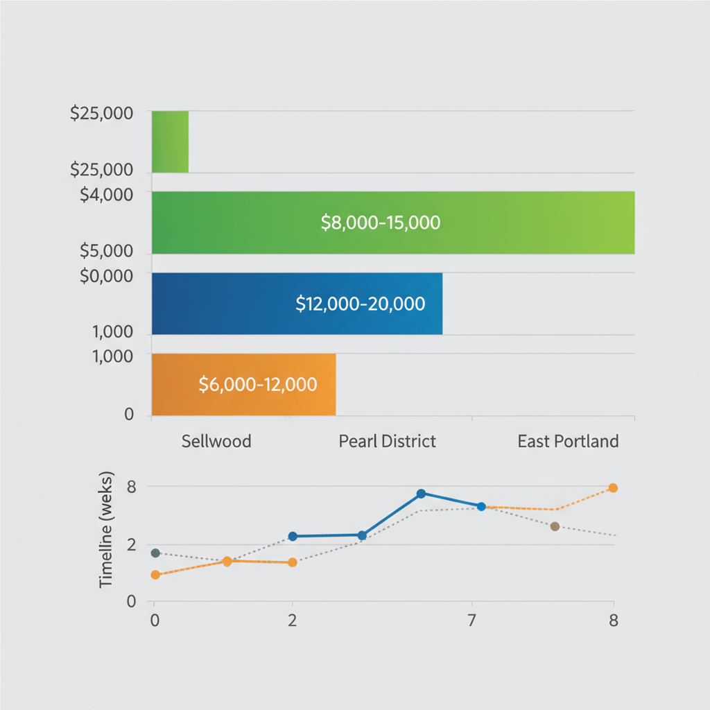 Horizontal bar chart comparing bathroom renovation costs in Sellwood, Pearl District, and East Portland neighborhoods, with secondary line chart for timelines.
