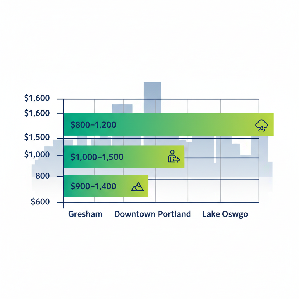 Horizontal bar chart comparing interior painting cost ranges in Portland neighborhoods including Gresham, Downtown, and Lake Oswego with factor icons