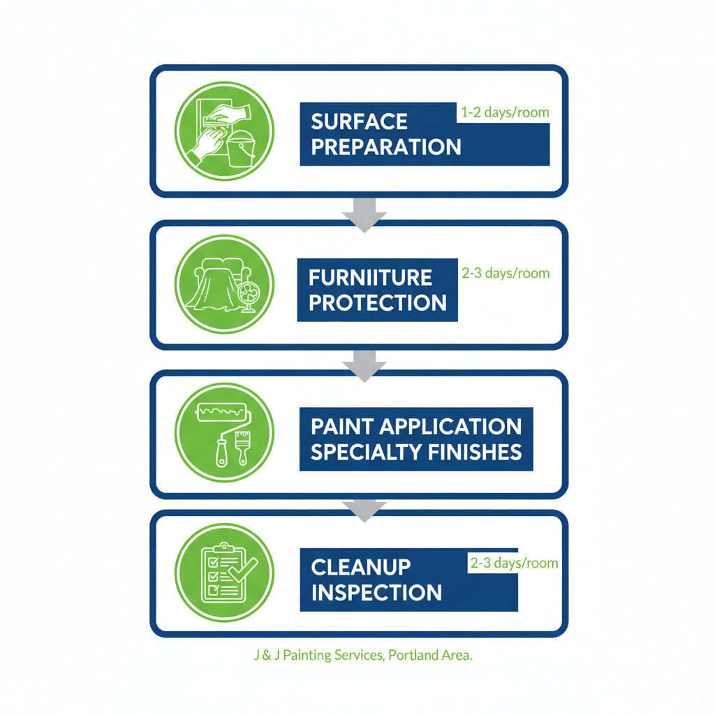 Vertical process flow diagram showing five key stages of interior painting services: surface preparation, furniture protection and ventilation, paint application, specialty finishes, and cleanup and inspection.