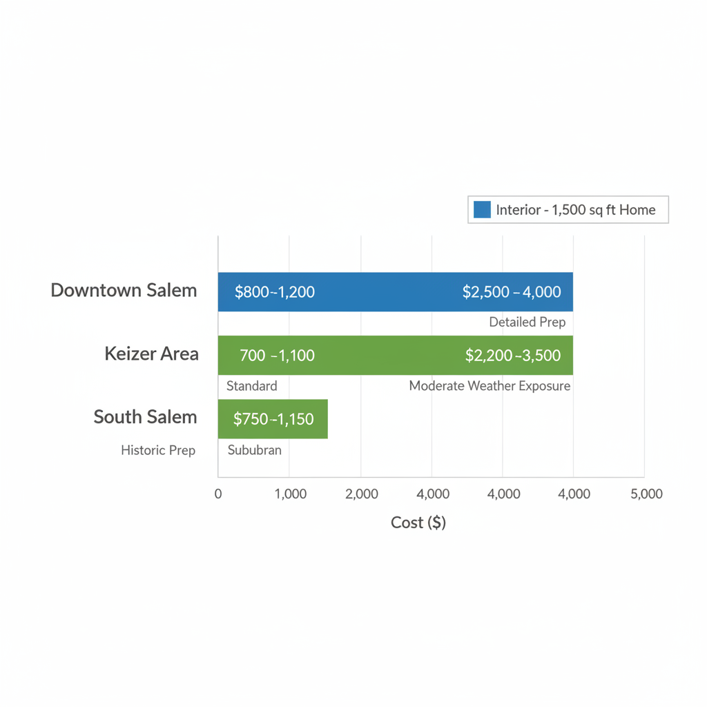 Horizontal bar chart comparing painting costs in three Salem neighborhoods with blue interior and green exterior bars labeled by ranges.