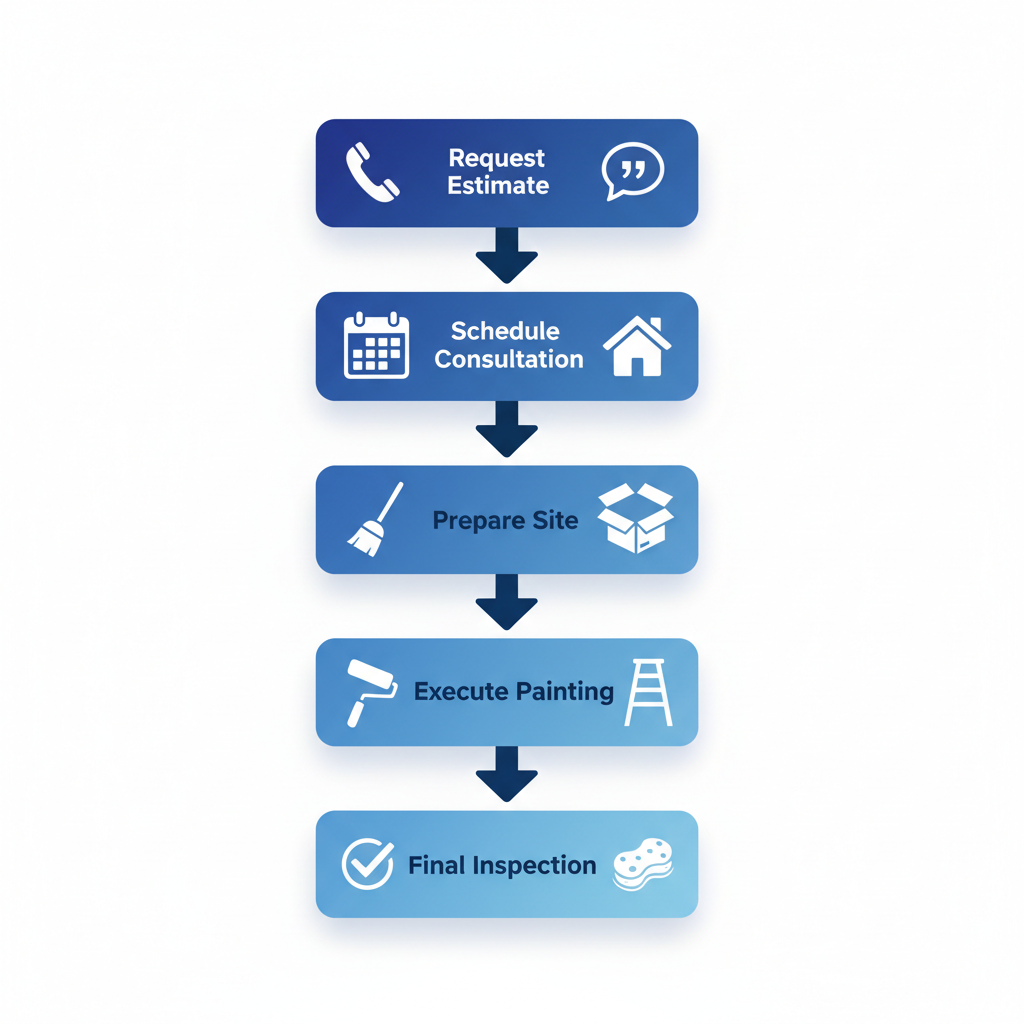 Vertical process flow diagram illustrating five steps to initiate a painting project in Salem: request estimate, schedule consultation, prepare site, execute painting, and final inspection.