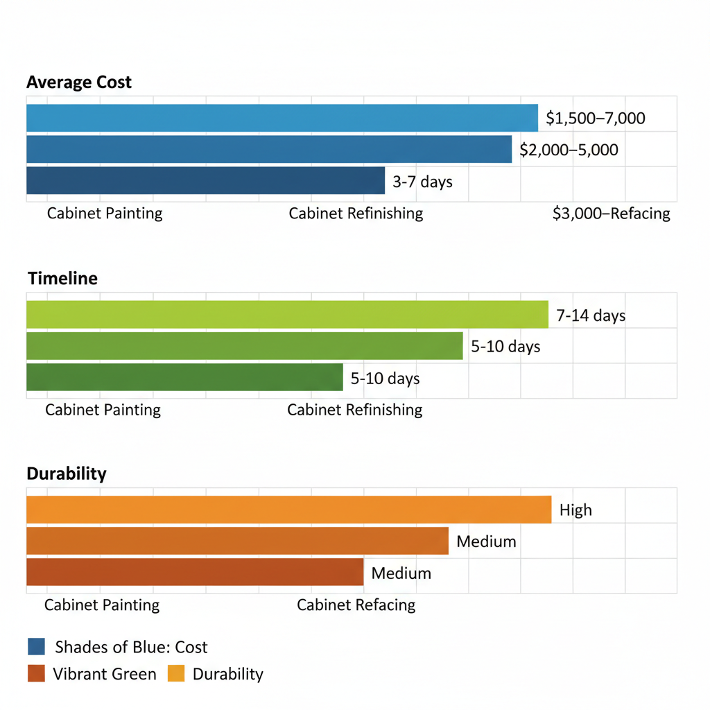 Horizontal bar chart comparing cabinet painting, refinishing, and refacing options in Portland, showing costs, timelines, and durability metrics.