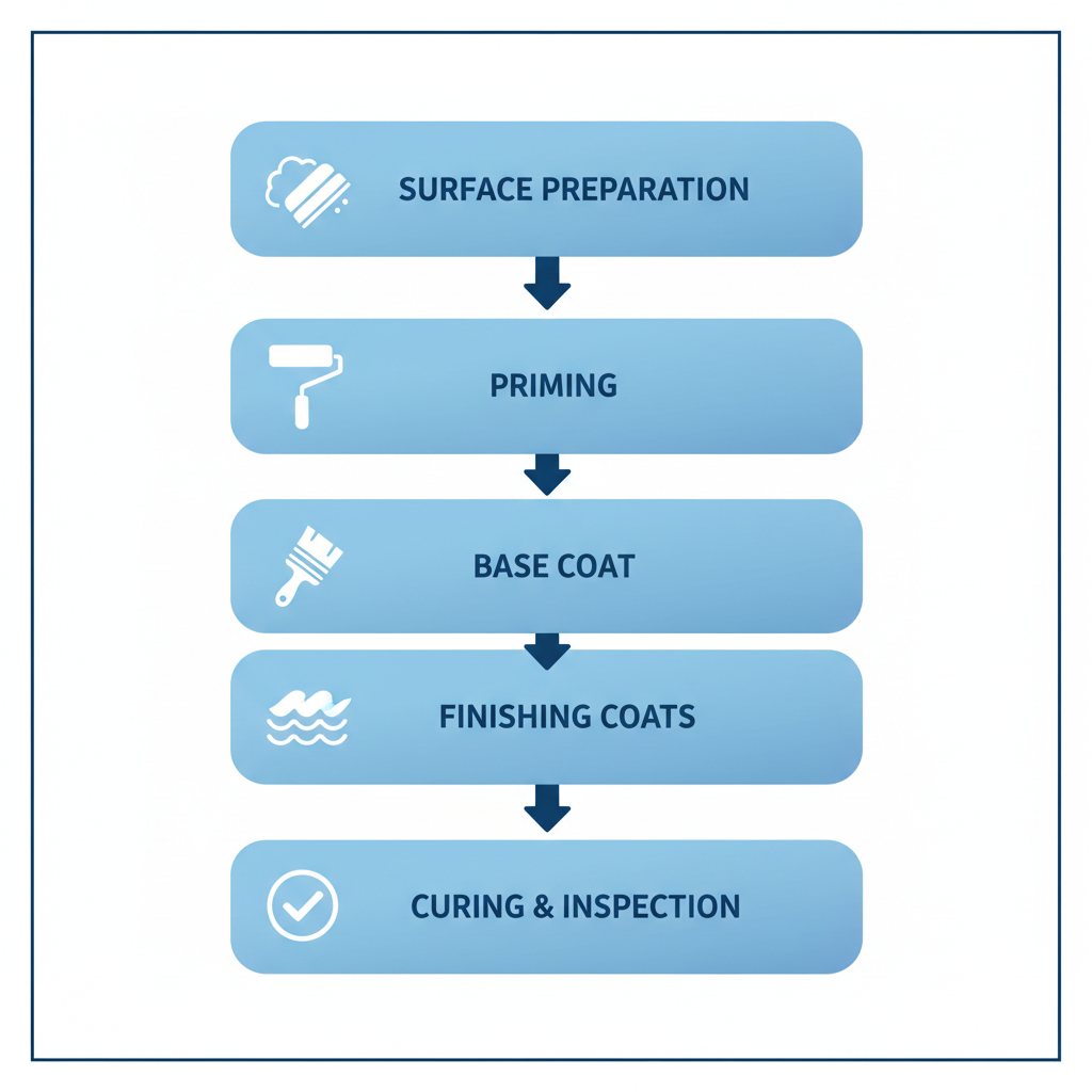 Vertical process flow illustrating five steps of professional cabinet painting: surface preparation, priming, base coat application, finishing coats, and curing inspection.