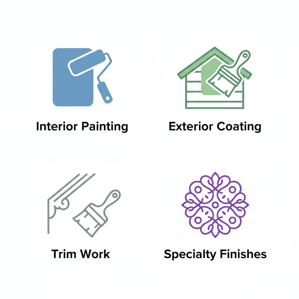 Grid of icons representing various painting services including interior, exterior, trim, and specialty finishes.