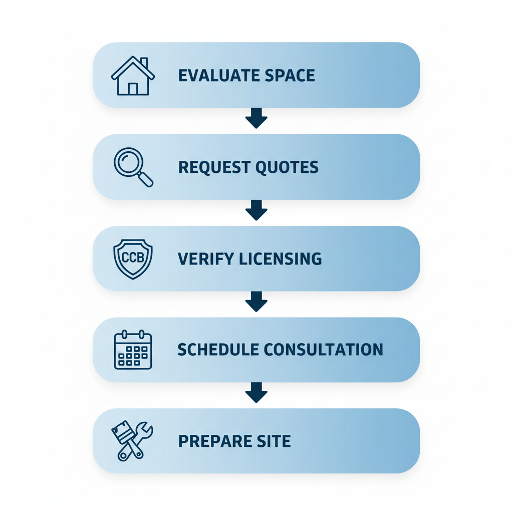 Vertical process flow diagram showing five steps to start a painting project: evaluate space, request quotes, verify licensing, schedule consultation, and prepare site, with icons and light blue gradient boxes on white background